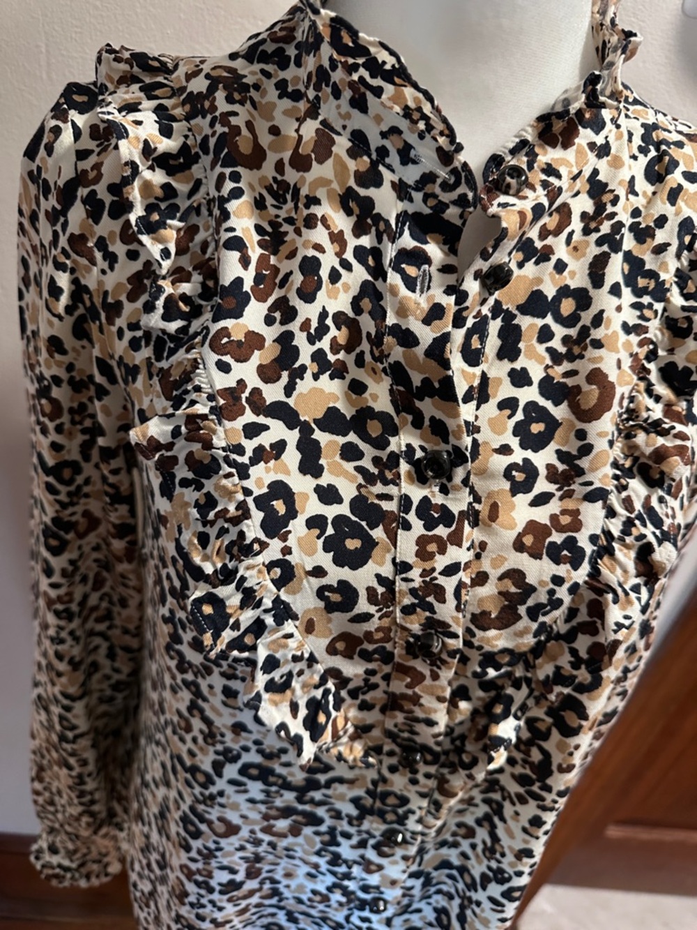 Maeve by Anthropologie Leopard Ruffle-Trim Button Blouse - Beige/Black/Brown - Picture 3 of 5